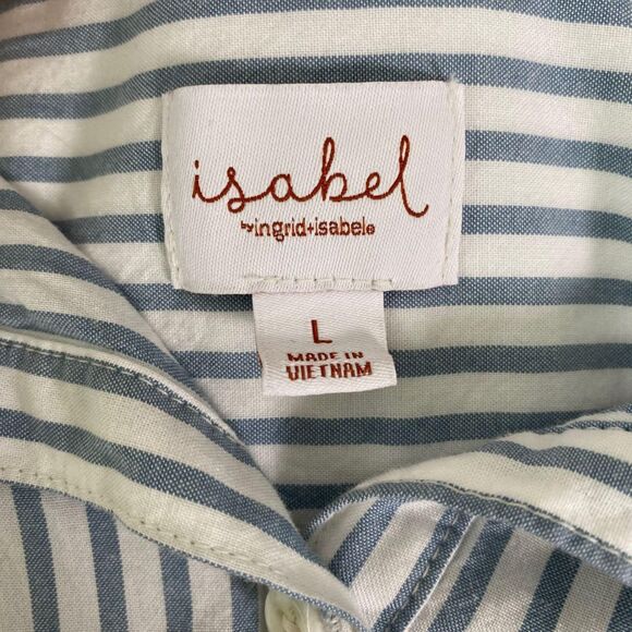 Ingrid Isabel Cotton Rayon Blend Blue White Preppy Striped Button Up Blouse  L - Picture 7 of 8